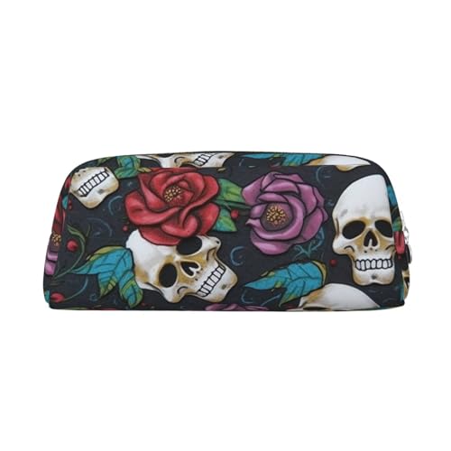 NBCCDVSH Leder-Federmäppchen mit Reißverschluss, stilvoller Stifthalter, ästhetisches Stifteetui für Damen und Herren, Leder-Federmäppchen mit Zuckerschädel und Blumen, Stifteetui für Arbeit, Büro von NBCCDVSH