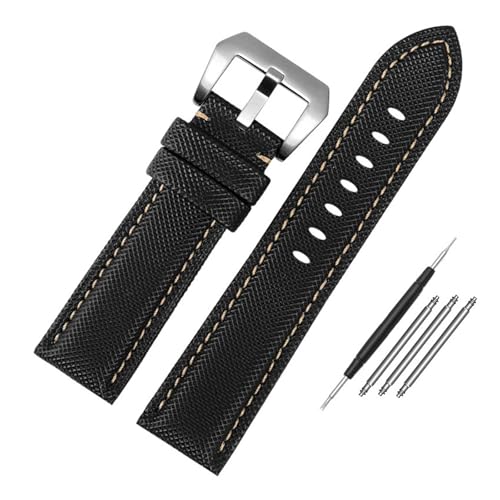 NBCNZCTSAS 24mm Uhrenarmband passend for Panerai passend for Luminor PAM01661 Schwarz Blau Nylongewebe Canvas Lederband Dornschließe(Beige line silver) von NBCNZCTSAS