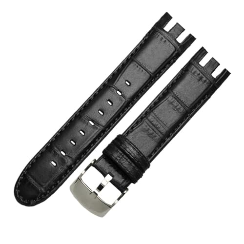 NBCNZCTSAS Braunes Armband. Spezielles gebogenes Leder-Uhrenarmband, passend for SWATCH YRS403/412/402G. Wasserdichtes, geripptes Bambus-Rindsleder-Armband, 21 mm(A-black-silver) von NBCNZCTSAS