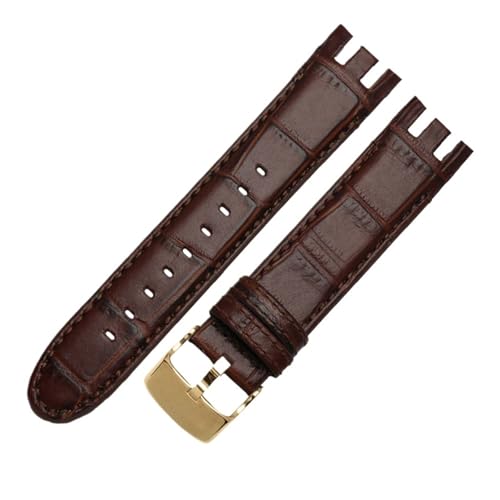 NBCNZCTSAS Braunes Armband. Spezielles gebogenes Leder-Uhrenarmband, passend for SWATCH YRS403/412/402G. Wasserdichtes, geripptes Bambus-Rindsleder-Armband, 21 mm(A-brown-gold) von NBCNZCTSAS