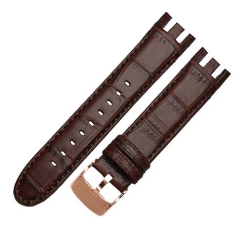 NBCNZCTSAS Braunes Armband. Spezielles gebogenes Leder-Uhrenarmband, passend for SWATCH YRS403/412/402G. Wasserdichtes, geripptes Bambus-Rindsleder-Armband, 21 mm(A-brown-rose gold) von NBCNZCTSAS
