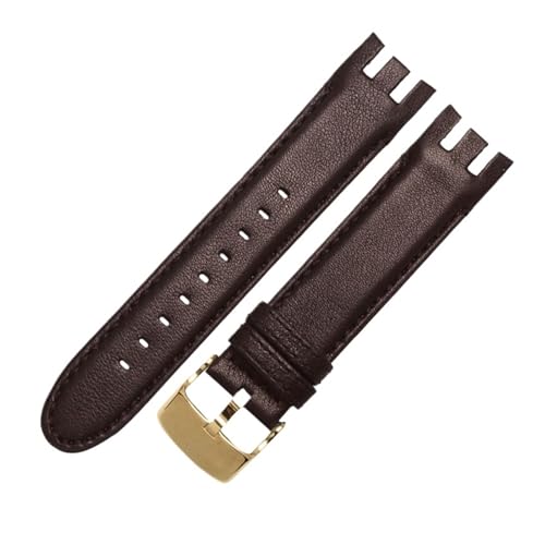 NBCNZCTSAS Braunes Armband. Spezielles gebogenes Leder-Uhrenarmband, passend for SWATCH YRS403/412/402G. Wasserdichtes, geripptes Bambus-Rindsleder-Armband, 21 mm(B-brown-gold) von NBCNZCTSAS