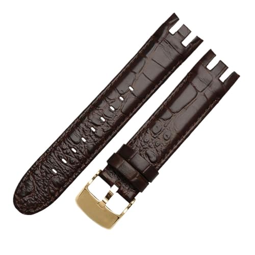 NBCNZCTSAS Braunes Armband. Spezielles gebogenes Leder-Uhrenarmband, passend for SWATCH YRS403/412/402G. Wasserdichtes, geripptes Bambus-Rindsleder-Armband, 21 mm(C-brown-gold) von NBCNZCTSAS