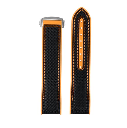 NBCNZCTSAS Uhrenarmband aus Nylongewebe und Gummi, passend for Omega-Uhrenarmbänder, 20 mm, 22 mm, Silikonarmband, Faltschließe, Armbanduhrengürtel mit gebogenem Ende(Black orange-A silv,22mm) von NBCNZCTSAS