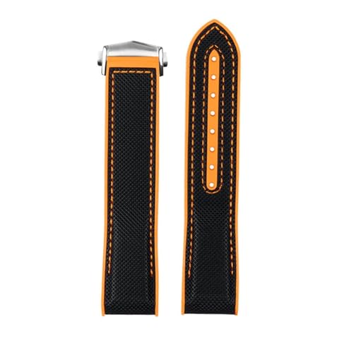 NBCNZCTSAS Uhrenarmband aus Nylongewebe und Gummi, passend for Omega-Uhrenarmbänder, 20 mm, 22 mm, Silikonarmband, Faltschließe, Armbanduhrengürtel mit gebogenem Ende(Black orange-B silv,22mm) von NBCNZCTSAS