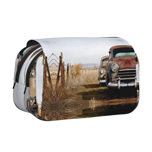 NBHDZENGW Doppelschichtiges Federmäppchen im antiken Auto-Stil, großes Fassungsvermögen, hochwertiges Polyestergewebe, vollgedrucktes Design, ideal für Schule, Reisen von NBHDZENGW