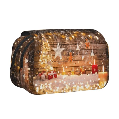 NBHDZENGW Doppelschichtiges Federmäppchen mit Weihnachtsbäumen und Kerzen, großes Fassungsvermögen, hochwertiges Polyestergewebe, vollständiges Druck-Design, ideal für Schule, Reisen von NBHDZENGW