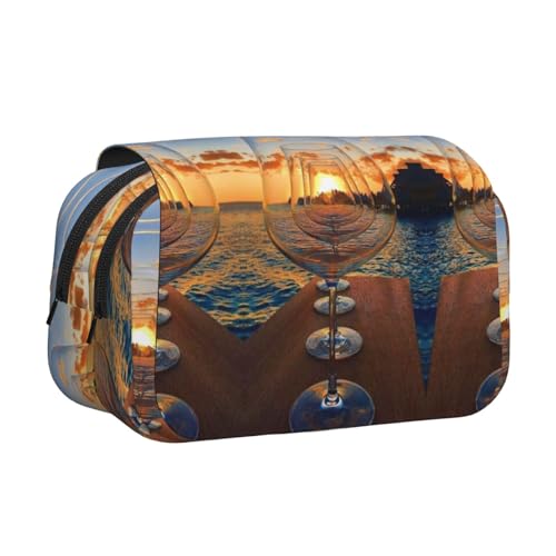NBHDZENGW Doppelschichtiges Federmäppchen mit Weinglas im Sonnenuntergang, großes Fassungsvermögen, hochwertiges Polyestergewebe, vollständiges Design, ideal für Schule, Reisen von NBHDZENGW