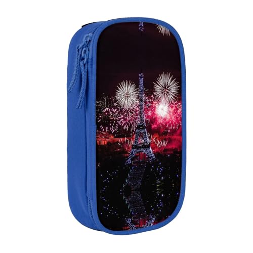 NBHDZENGW Eiffelturm-Feuerwerk, großes Fassungsvermögen, doppellagiges Federmäppchen, individuell bedruckt, strapazierfähiges Polyester, Organizer für Schule, Büro, Reisen, Kunstbedarf, Make-up, blau von NBHDZENGW