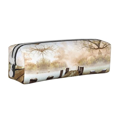 NBHDZENGW Federmäppchen aus Holz mit Blättern, Leder-Federmäppchen mit glattem Reißverschluss, stilvolle, langlebige Reißverschlusstasche für Schule, Büro, Reisen, leicht, Volldruck von NBHDZENGW