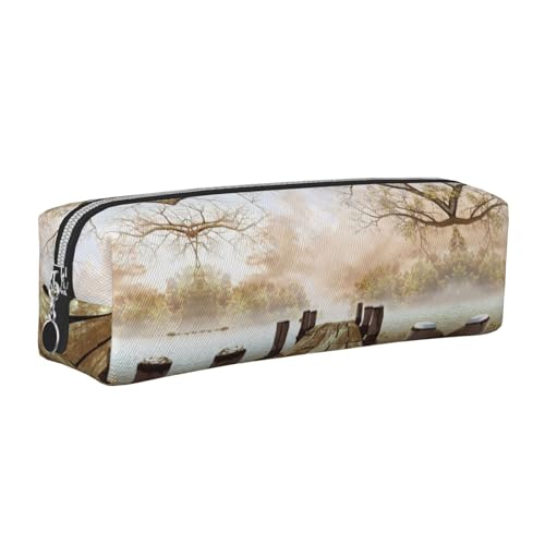 NBHDZENGW Federmäppchen aus Holz mit Blättern, Leder-Federmäppchen mit glattem Reißverschluss, stilvolle, langlebige Reißverschlusstasche für Schule, Büro, Reisen, leicht, Volldruck von NBHDZENGW