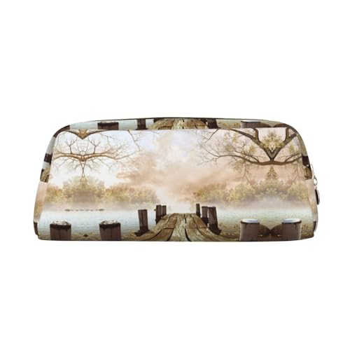 NBHDZENGW Federmäppchen aus Leder, Motiv: Brücke, See, niedliches Leder-Federmäppchen mit glattem Reißverschluss, stilvolle langlebige Tasche für Schule, Büro, Reisen, leicht, Volldruck von NBHDZENGW