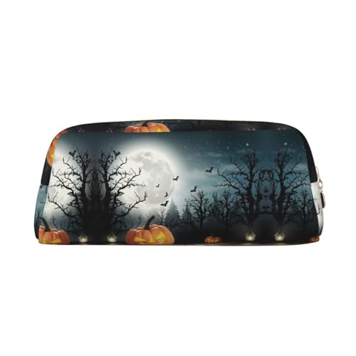 NBHDZENGW Federmäppchen aus Leder, Motiv: Halloween-Mondfledermaus, Kürbis, niedliches Leder-Federmäppchen mit glattem Reißverschluss, stilvolle langlebige Tasche für Schule, Büro, Reisen, leicht von NBHDZENGW