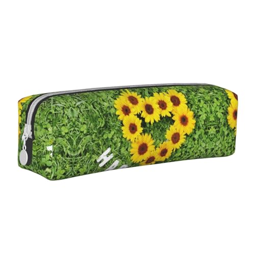 NBHDZENGW Federmäppchen aus Leder in Herzform, Sonnenblumen-Motiv, glatter Reißverschluss, stilvoll, langlebig, Reißverschlusstasche für Schule, Büro, Reisen, leicht, Volldruck-Schreibwarenhalter von NBHDZENGW