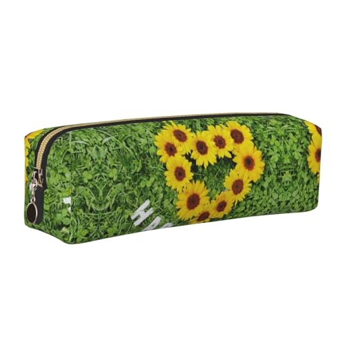 NBHDZENGW Federmäppchen aus Leder in Herzform, Sonnenblumen-Motiv, glatter Reißverschluss, stilvoll, langlebig, Reißverschlusstasche für Schule, Büro, Reisen, leicht, Volldruck-Schreibwarenhalter von NBHDZENGW