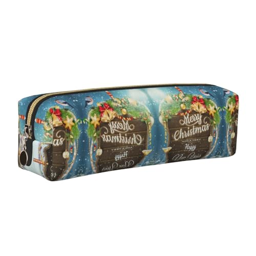 NBHDZENGW Federmäppchen aus Leder mit Aufschrift "Merry Christmas", mit glattem Reißverschluss, stilvolle, langlebige Reißverschlusstasche für Schule, Büro, Reisen, leicht von NBHDZENGW