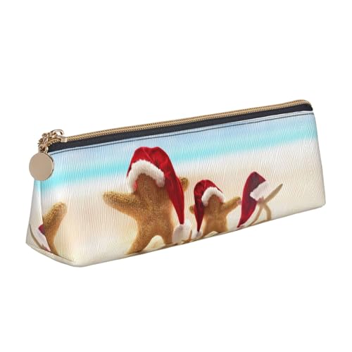 NBHDZENGW Federmäppchen aus Leder mit Aufschrift "Merry Christmas Beach", niedliches Dreieck, mit glattem Reißverschluss, stilvolle langlebige Tasche für Schule, Büro, Reisen, leicht von NBHDZENGW