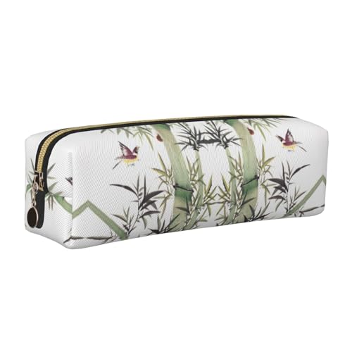 NBHDZENGW Federmäppchen aus Leder mit Bambus-Vogelmuster, glatter Reißverschluss, stilvoll, langlebig, Reißverschlusstasche für Schule, Büro, Reisen, leicht, Volldruck-Schreibwarenhalter, gold von NBHDZENGW