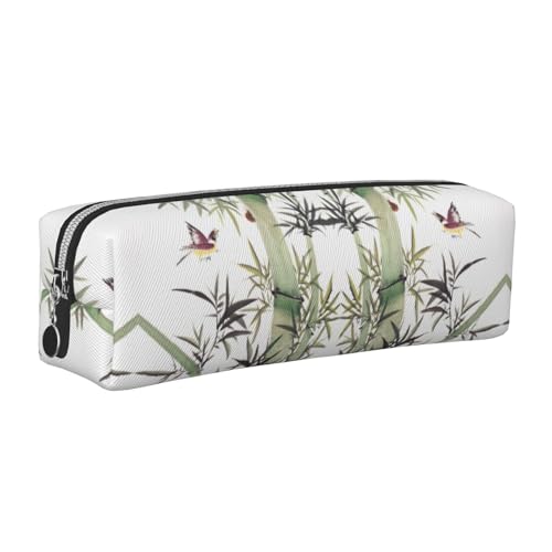 NBHDZENGW Federmäppchen aus Leder mit Bambus-Vogelmuster, glatter Reißverschluss, stilvoll, langlebig, Reißverschlusstasche für Schule, Büro, Reisen, leicht, Volldruck-Schreibwarenhalter, silber von NBHDZENGW