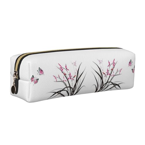 NBHDZENGW Federmäppchen aus Leder mit Blumenmuster und Schmetterlingen und glattem Reißverschluss, stilvolle, langlebige Reißverschlusstasche für Schule, Büro, Reisen, leicht von NBHDZENGW