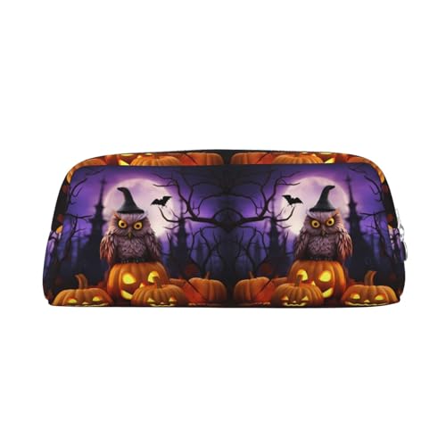 NBHDZENGW Federmäppchen aus Leder mit Halloween-Eule, Geist, Kürbis, niedliches Leder-Federmäppchen mit glattem Reißverschluss, stilvolle, langlebige Tasche für Schule, Büro, Reisen, leicht von NBHDZENGW