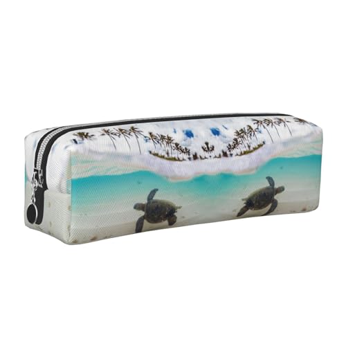 NBHDZENGW Federmäppchen aus Leder mit Palmen und Meeresschildkröten mit glattem Reißverschluss, stilvolle, langlebige Reißverschlusstasche für Schule, Büro, Reisen, leichtes von NBHDZENGW