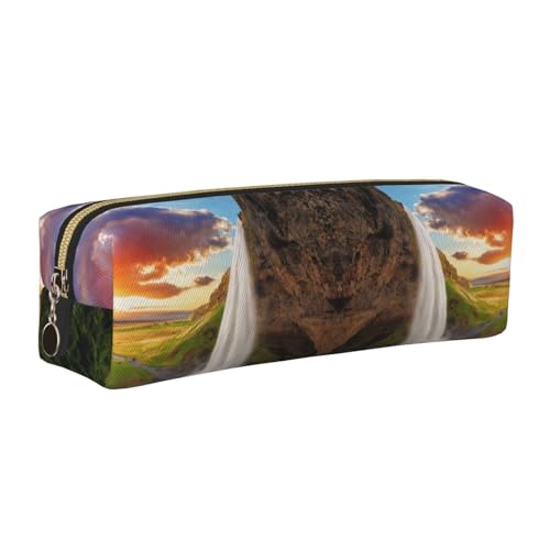 NBHDZENGW Federmäppchen aus Leder mit Wasserfall und Sonnenuntergang, mit glattem Reißverschluss, stilvoll, langlebig, Reißverschlusstasche für Schule, Büro, Reisen, leicht, Volldruck von NBHDZENGW