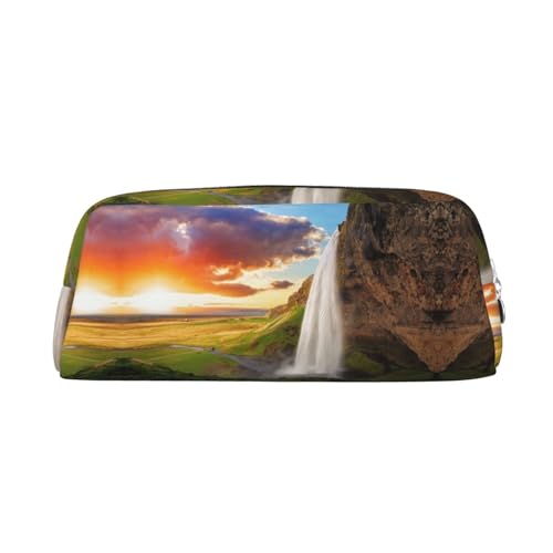 NBHDZENGW Federmäppchen aus Leder mit Wasserfall und Sonnenuntergang, niedliches Leder-Federmäppchen mit glattem Reißverschluss, stilvolle, langlebige Tasche für Schule, Büro, Reisen, leicht von NBHDZENGW