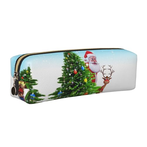 NBHDZENGW Federmäppchen aus Leder mit Weihnachtsmann-Weihnachtsbaum, mit glattem Reißverschluss, stilvoll, langlebig, Reißverschlusstasche für Schule, Büro, Reisen, leicht von NBHDZENGW