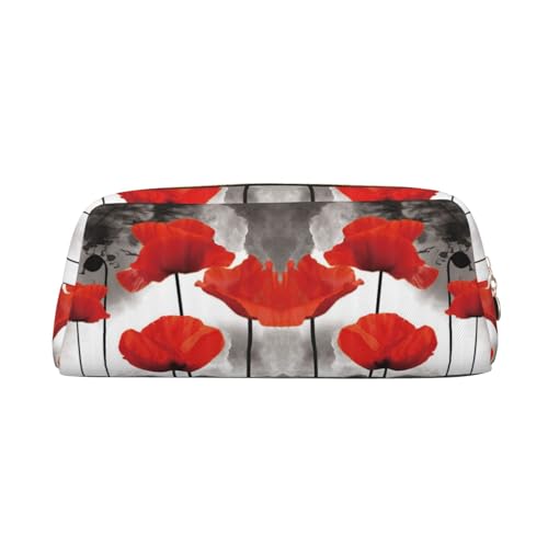 NBHDZENGW Federmäppchen aus Leder mit roter Blumenmalerei, niedliches Leder-Federmäppchen mit glattem Reißverschluss, stilvolle, langlebige Tasche für Schule, Büro, Reisen, leicht von NBHDZENGW