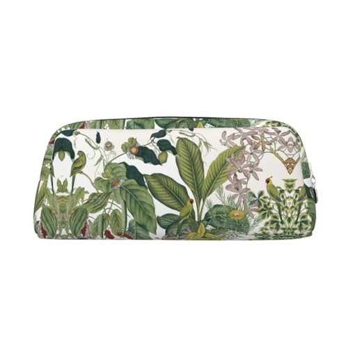 NBHDZENGW Federmäppchen aus Leder mit tropischem Blumenblatt und Papagei, niedliches Leder-Federmäppchen mit glattem Reißverschluss, stilvolle langlebige Tasche für Schule, Büro, Reisen, leicht von NBHDZENGW
