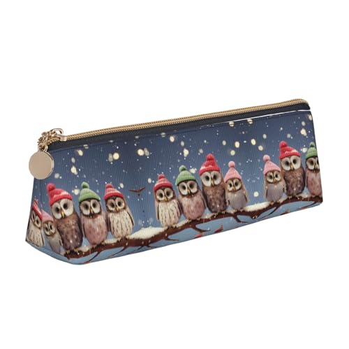 NBHDZENGW Federmäppchen mit niedlichem Weihnachts-Eulen auf Ast, niedliches dreieckiges Leder-Federmäppchen mit glattem Reißverschluss, stilvolle, langlebige Tasche für Schule, Büro, Reisen, leicht von NBHDZENGW