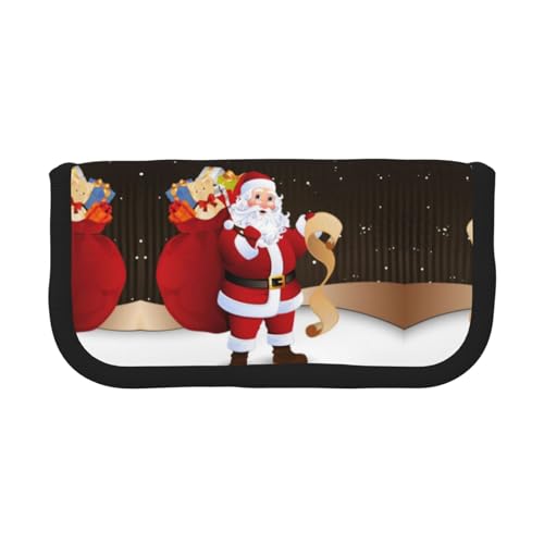 NBHDZENGW Großes Federmäppchen aus Segeltuch, Motiv: Merry Christmas, Make-up-Tasche, Organizer, Premium-Reißverschlusstasche mit Netztasche, Color-Block-Design (schwarzer Rand), für Schule, Reisen von NBHDZENGW
