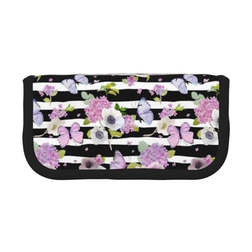 NBHDZENGW Großes Federmäppchen aus Segeltuch mit gestreiftem Blumen- und Schmetterlings-Motiv, Make-up-Tasche, Organizer, Premium-Reißverschlusstasche mit Netztasche, Color-Block-Design (schwarzer von NBHDZENGW