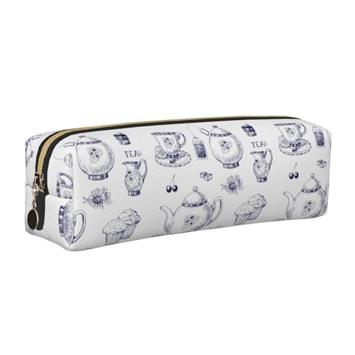 NBHDZENGW Handgezeichnete Teekannen und Tassen, Leder-Federmäppchen mit glattem Reißverschluss, stilvolle, langlebige Reißverschlusstasche für Schule, Büro, Reisen, leichtes von NBHDZENGW