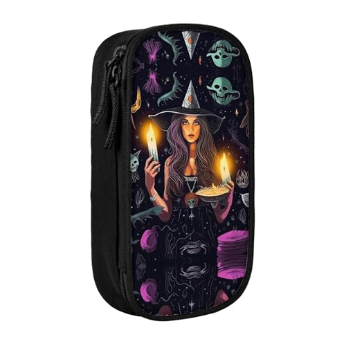 NBHDZENGW Magic Witch Witchcraft Bohemian Drawing Large Capacity Double Layer Pencil Case,Custom Printed Durable Polyester Organizer for School, Office, Travel, Art Supplies Makeup, Schwarz von NBHDZENGW