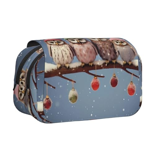 NBHDZENGW Niedliche Weihnachts-Eulen auf Ast, doppelschichtiges Federmäppchen, großes Fassungsvermögen, hochwertiges Polyestergewebe, vollständiges Druck-Design, ideal für Schule, Reisen von NBHDZENGW
