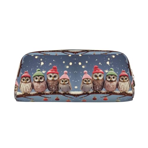 NBHDZENGW Niedliche Weihnachts-Eulen auf Ast, niedliches Leder-Federmäppchen mit glattem Reißverschluss, stilvolle, langlebige Tasche für Schule, Büro, Reisen, leicht, Volldruck, Schreibwarenhalter von NBHDZENGW