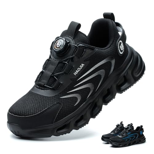 NBOFIEHY Arbeitsschuhe Herren Damen Sicherheitsschuhe Leicht Atmungsaktiv rutschfest Stahlkappenschuhe mit Drehknopf, SchwarzA, 46 EU von NBOFIEHY