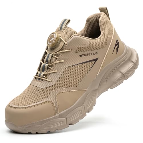 NBOFIEHY Arbeitsschuhe Herren mit Drehknopf Sicherheitsschuhe Damen Leicht Atmungsaktiv Unisex Stahlkappenschuhe rutschfest, Braun, 41 EU von NBOFIEHY