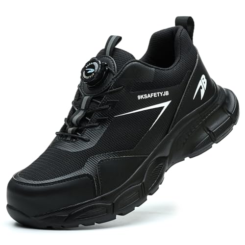 NBOFIEHY Arbeitsschuhe Herren mit Drehknopf Sicherheitsschuhe Damen Leicht Atmungsaktiv Unisex Stahlkappenschuhe rutschfest, Schwarz, 46 EU von NBOFIEHY