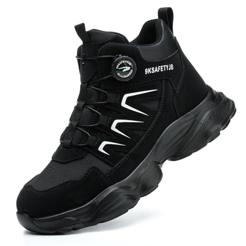 NBOFIEHY Sicherheitsschuhe Herren Damen Leicht Atmungsaktiv Stahlkappenschuhe rutschfest Arbeitsschuhe Arbeitsstiefel mit Drehknopf, Schwarz, 44 EU von NBOFIEHY