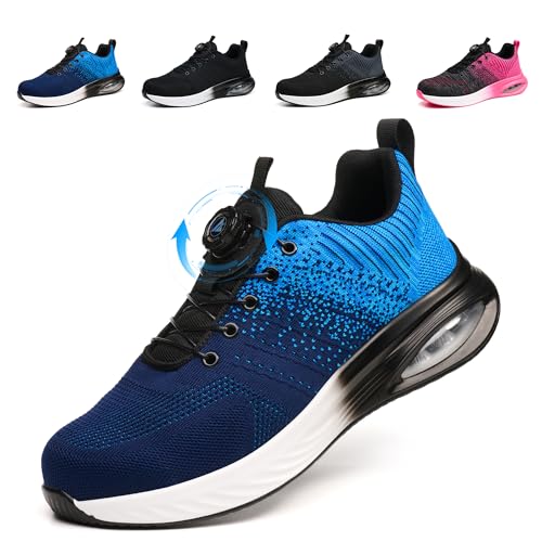 NBOFIEHY Sicherheitsschuhe Herren Damen Leicht Sportliche Arbeitsschuhe Atmungsaktiv Stahlkappenschuhe rutschfest Arbeitsschutzschuhe mit Drehknopf, Blau, 45 EU von NBOFIEHY