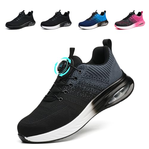 NBOFIEHY Sicherheitsschuhe Herren Damen Leicht Sportliche Arbeitsschuhe Atmungsaktiv Stahlkappenschuhe rutschfest Arbeitsschutzschuhe mit Drehknopf, Grau, 42 EU von NBOFIEHY