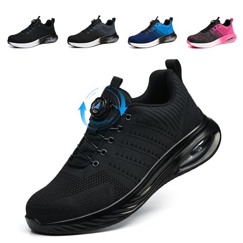 NBOFIEHY Sicherheitsschuhe Herren Damen Leicht Sportliche Arbeitsschuhe Atmungsaktiv Stahlkappenschuhe rutschfest Arbeitsschutzschuhe mit Drehknopf, Schwarz, 37 EU von NBOFIEHY