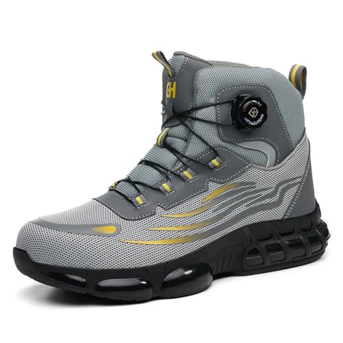 NBOFIEHY Sicherheitsstiefel Herren Damen Bequem Arbeitsstiefel rutschfest Leicht Arbeitsschuhe mit Stahlkappe Sicherheitsschuhe mit Drehknopf, Grau, 37 EU von NBOFIEHY