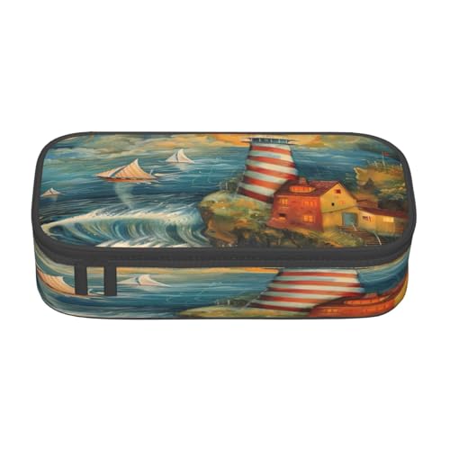 NBRIEU Federmäppchen mit Leuchtturm-Aufdruck, großes Fassungsvermögen, mehrere Fächer, Schreibwaren-Box, Schwarz, One Size, Drucken von NBRIEU