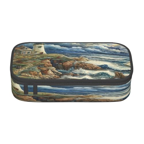 NBRIEU Federmäppchen mit Leuchtturm-Aufdruck, großes Fassungsvermögen, mehrere Fächer, Schreibwaren-Box, Schwarz, One Size, Drucken von NBRIEU