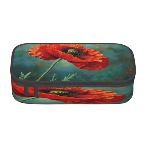 NBRIEU Federmäppchen mit Mohnblumen-Aufdruck, großes Fassungsvermögen, mehrere Fächer, Schreibwaren-Box, Schwarz, One Size, Drucken von NBRIEU