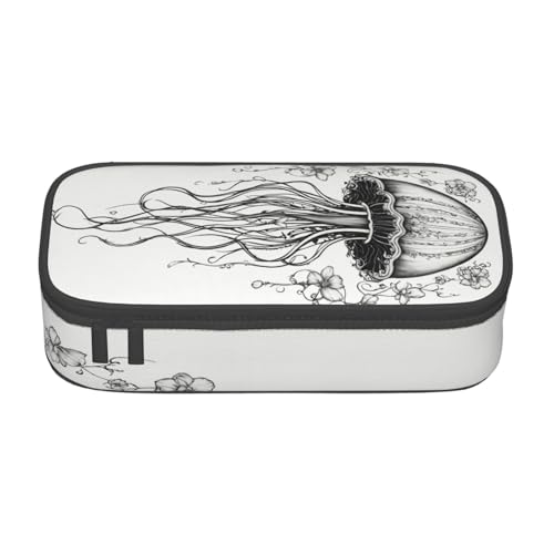 NBRIEU Federmäppchen mit Quallen-Muster, großes Fassungsvermögen, mehrere Fächer, Schreibwaren-Box, Schwarz, One Size, Drucken von NBRIEU